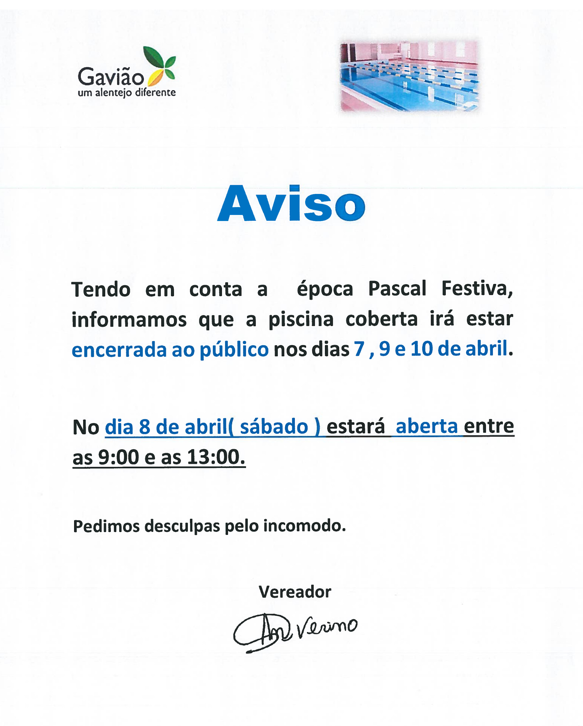 Aviso: Piscina Coberta encerrada