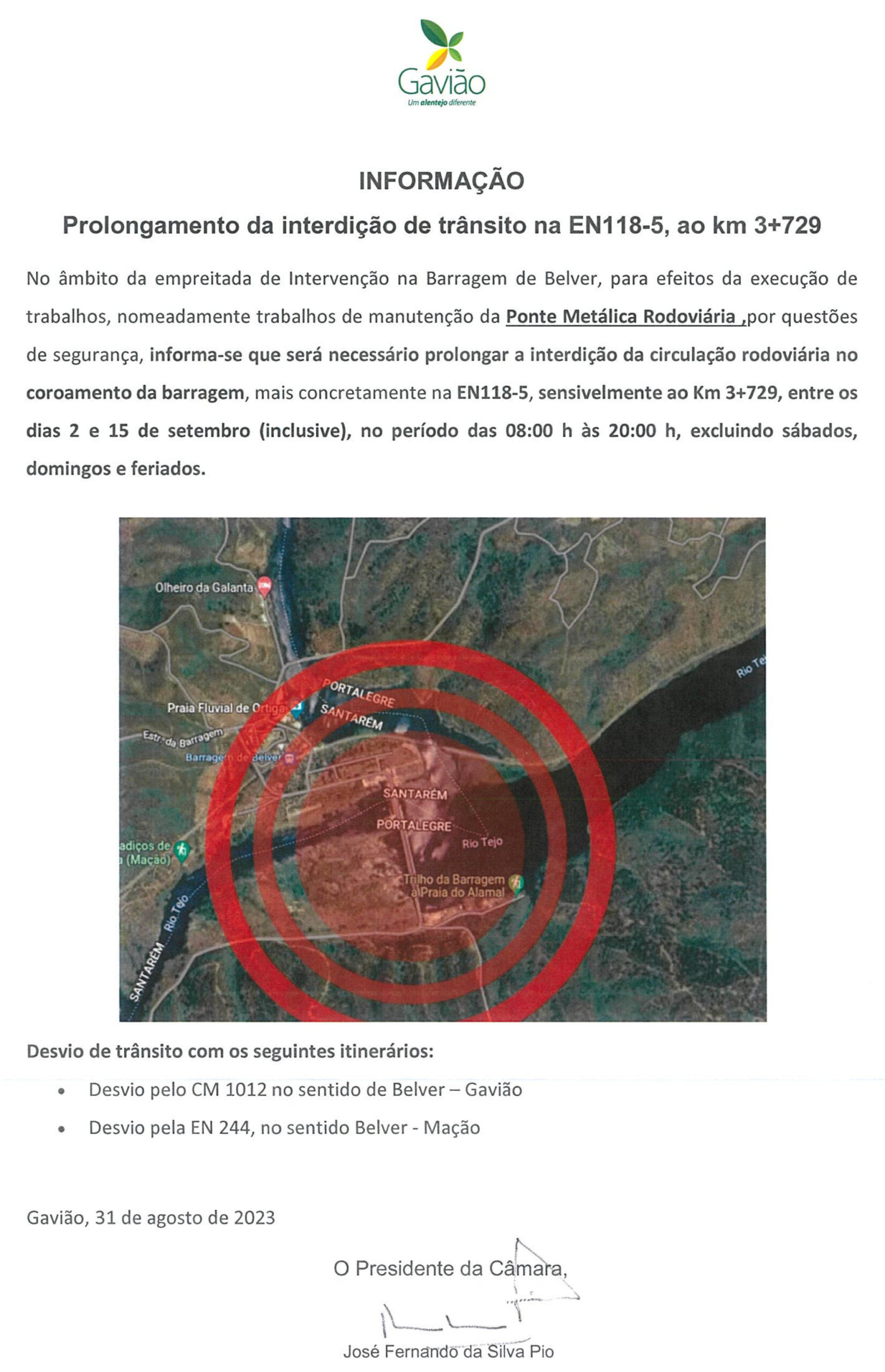 Informação: Interdição de trânsito na Barragem de Belver de 2 e 15 de setembro das 8h às 20h