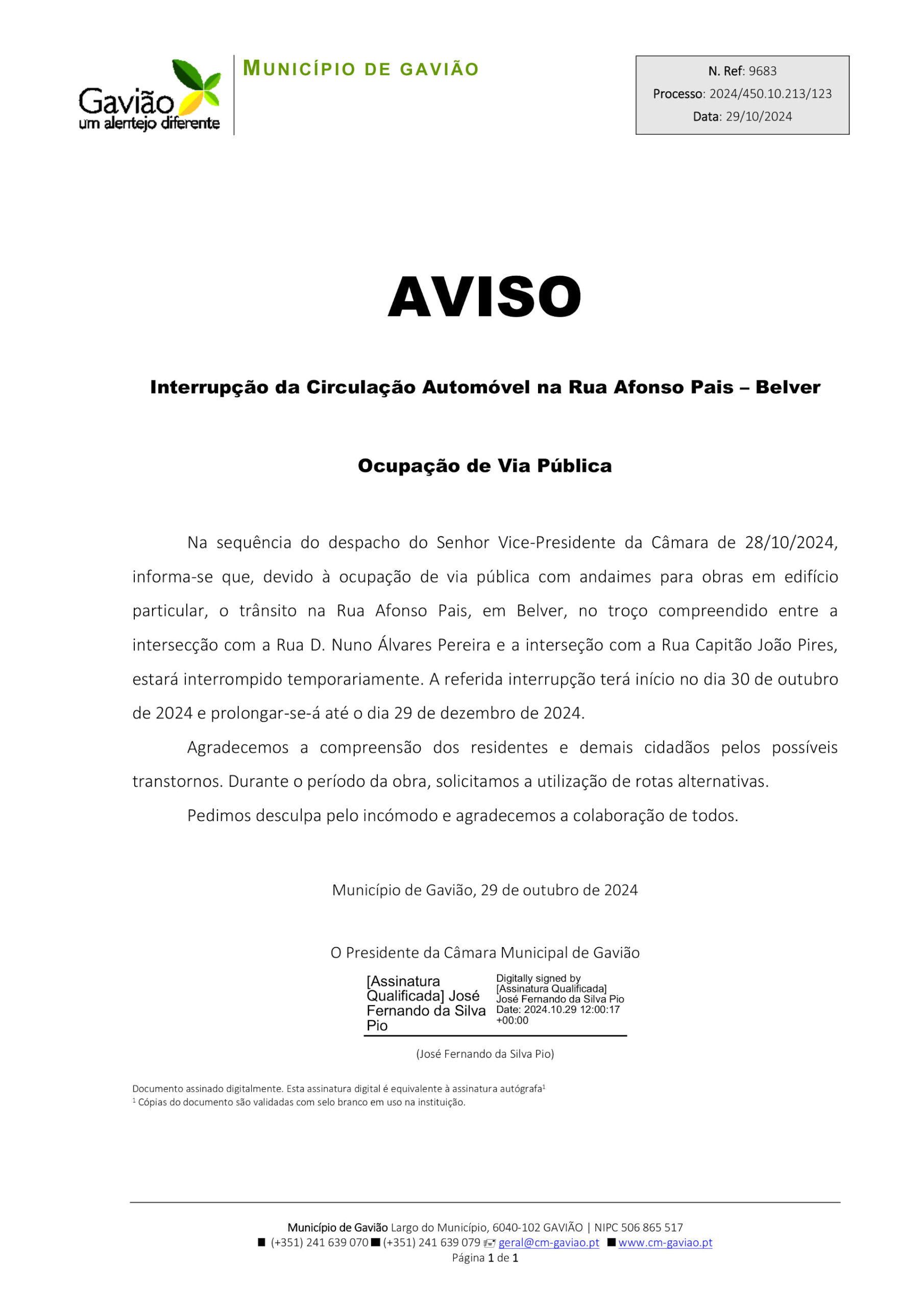 AVISO: Interrupção da Circulação Automóvel na Rua Afonso Pais – Belver