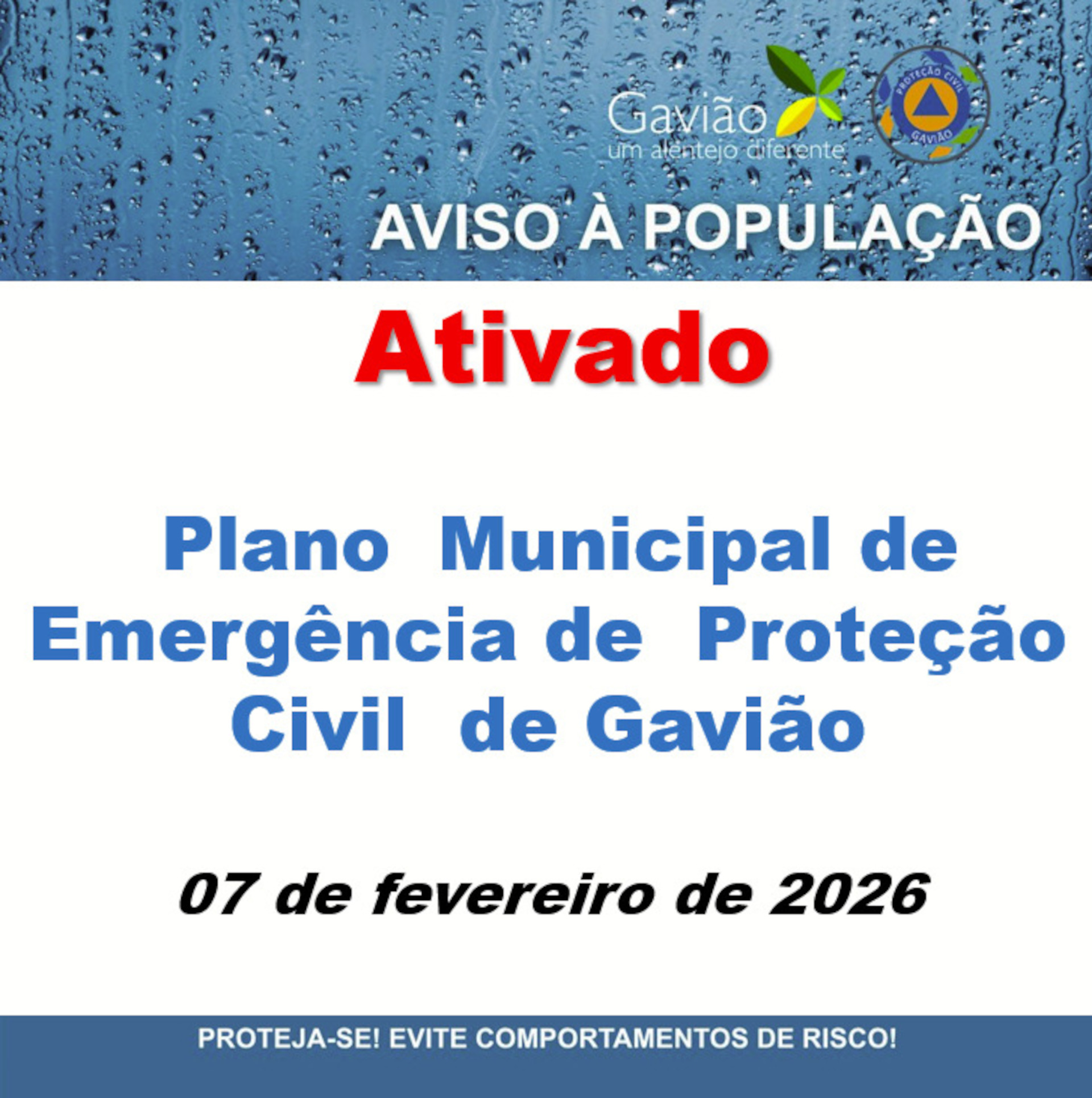 Ativado o Plano Municipal de Emergência de Proteção Civil de Gavião a partir das 20:00h do di...